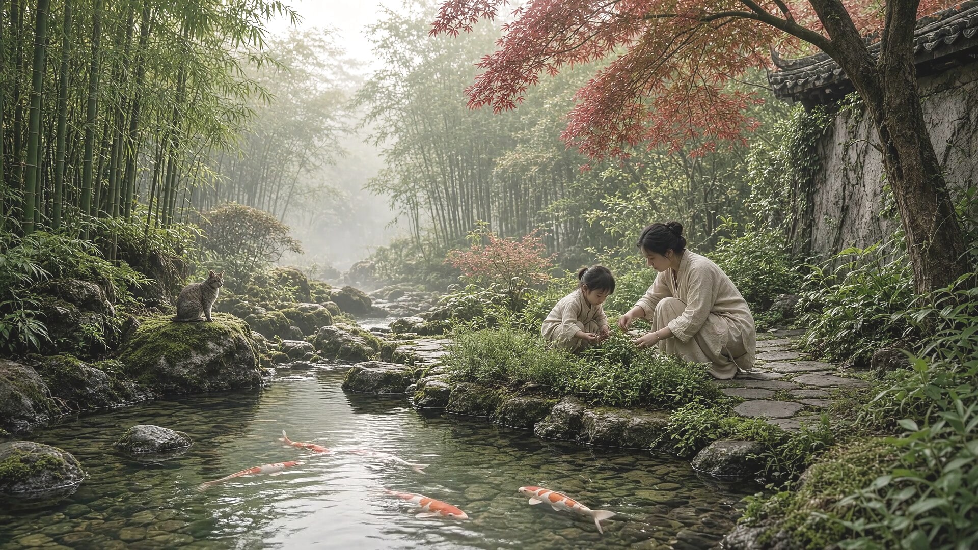Eastern garden harmony still: people, animals, and plants