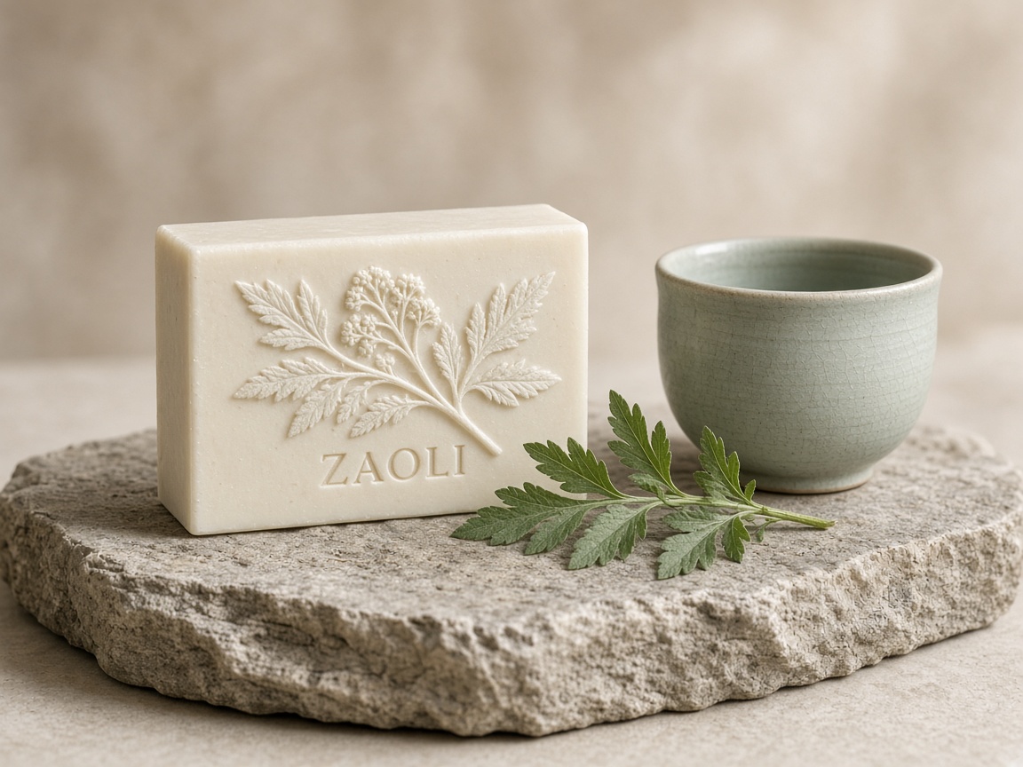 Embossed ZAOLI bar with celadon cup and mugwort on stone
