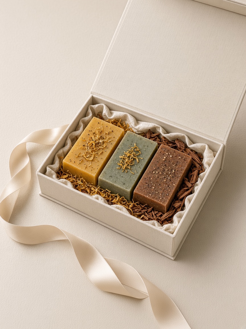 Cream still life of linen gift box soaps